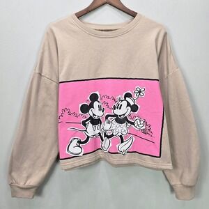 Disney Mickey Minnie Mouse Graphic Sweatshirt Beige Pink Women's Long Sleeve Top